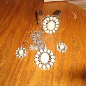 Necklace bracelet cuff pierced earrings set silver tone white marbled glass